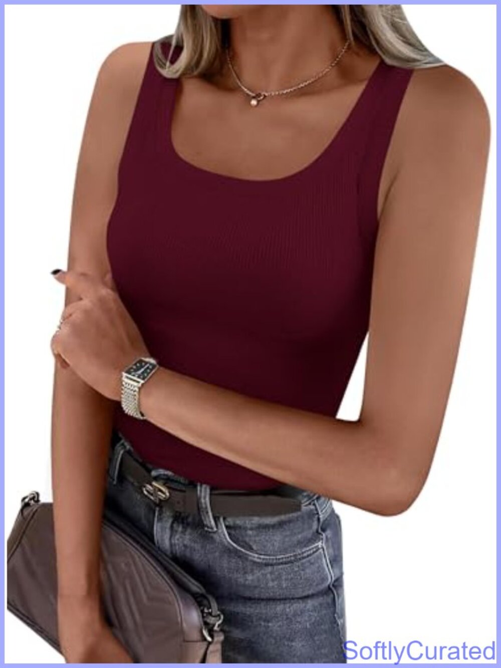 Ribbed Knit Square Neck Slim Fit Sleeveless Tank Top